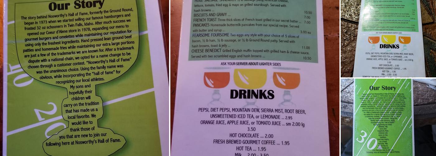 Nosworthy's Hall Of Fame Menu