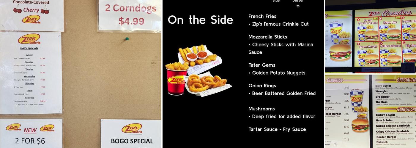 Zip's Drive In Menu