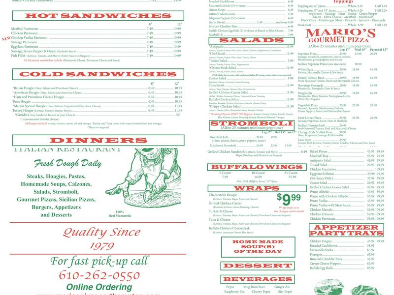 Mario's Pizza Shop Menu