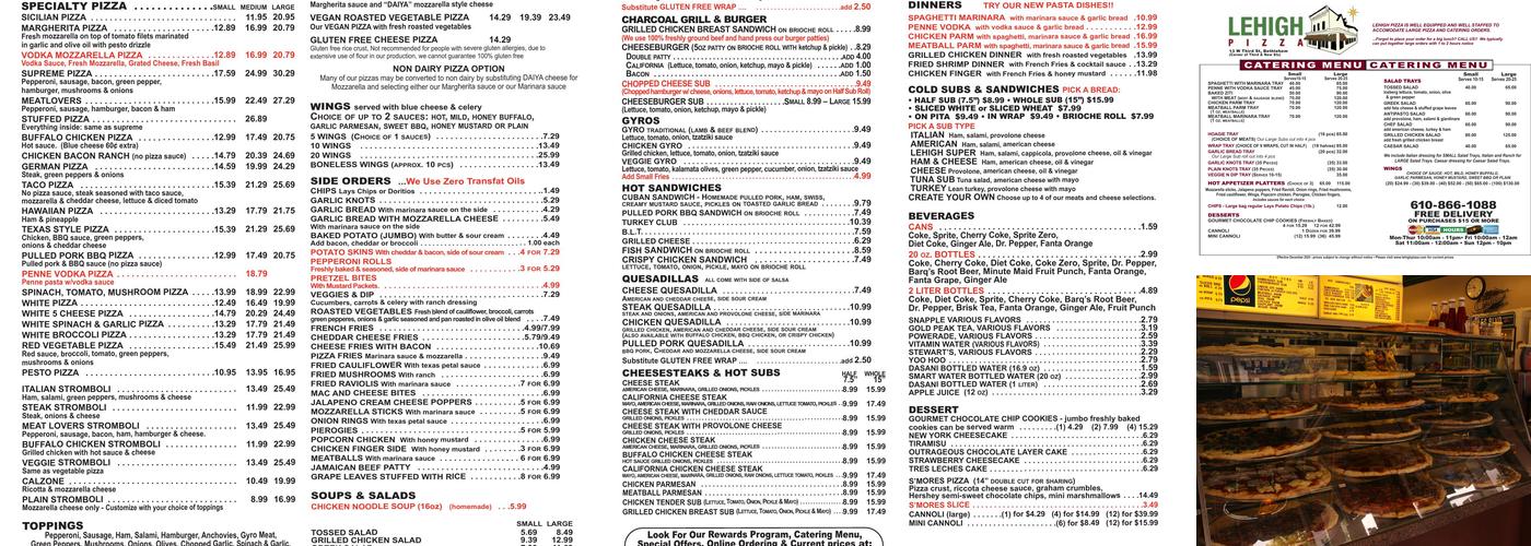 Lehigh Pizza Menu