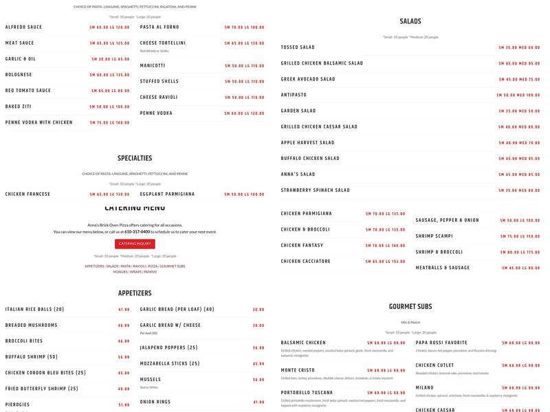 Anna's Brick Oven Pizza Menu