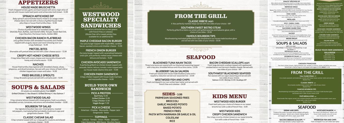 Westwood Restaurant and Pub Menu