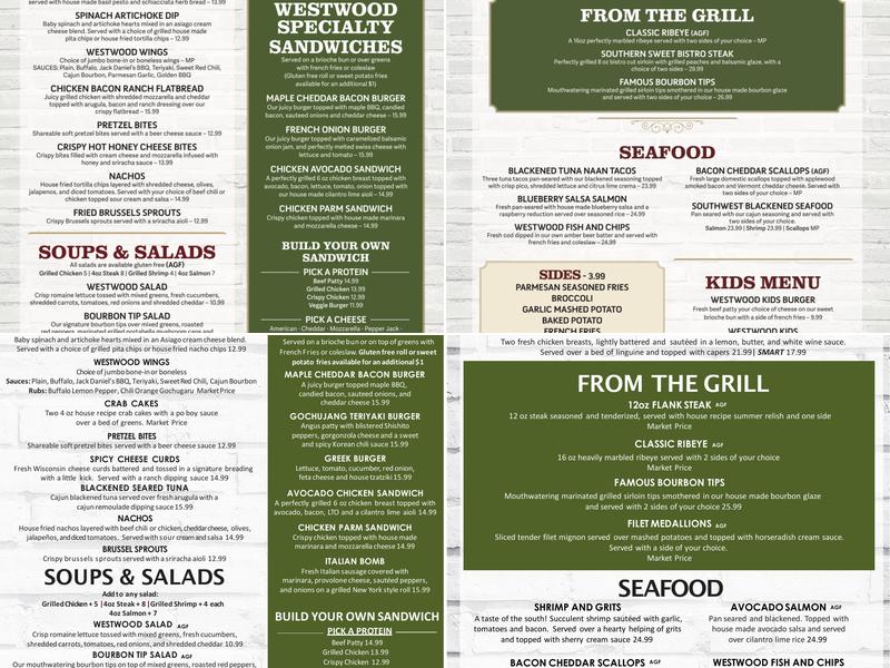 Westwood Restaurant and Pub Menu