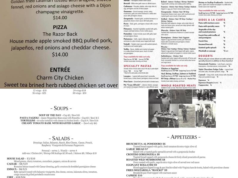 Emma's Everyday Gourmet Restaurant Menu