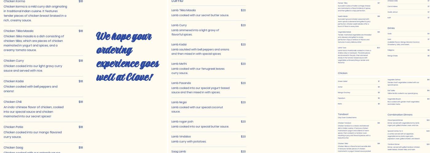 Clove Fine Indian Cuisine Menu