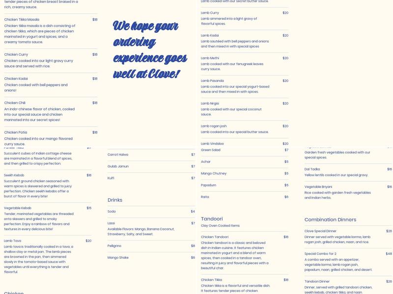 Clove Fine Indian Cuisine Menu