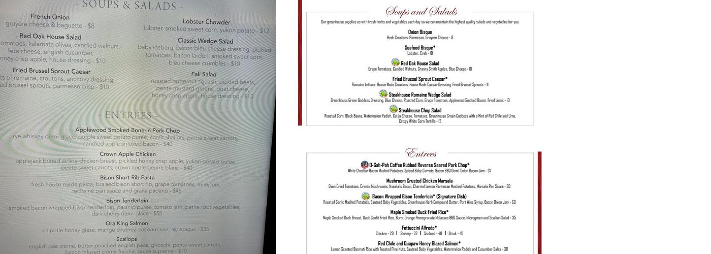 Red Oak Steakhouse Menu
