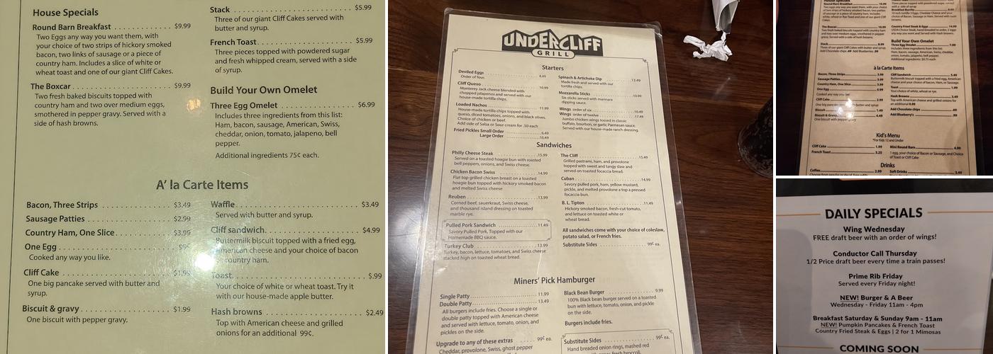 Undercliff Grill & Bar Menu