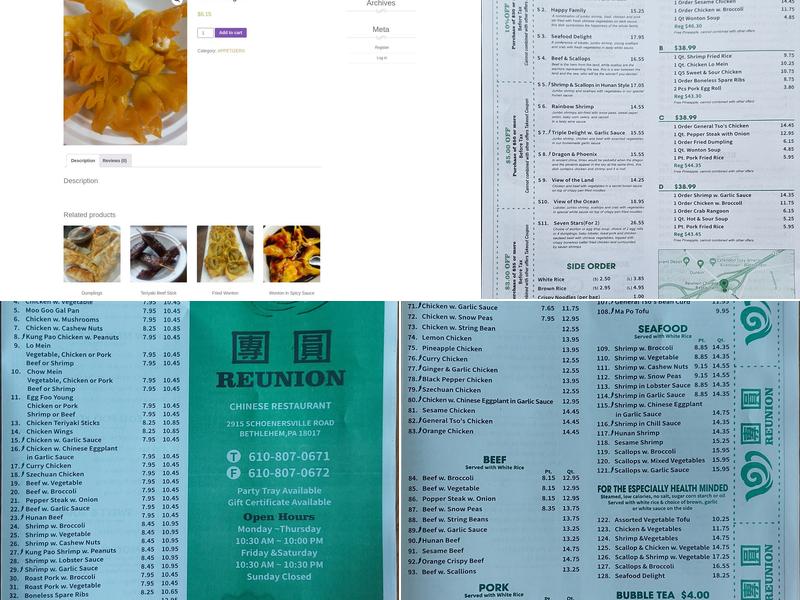 Reunion Chinese Restaurant Menu