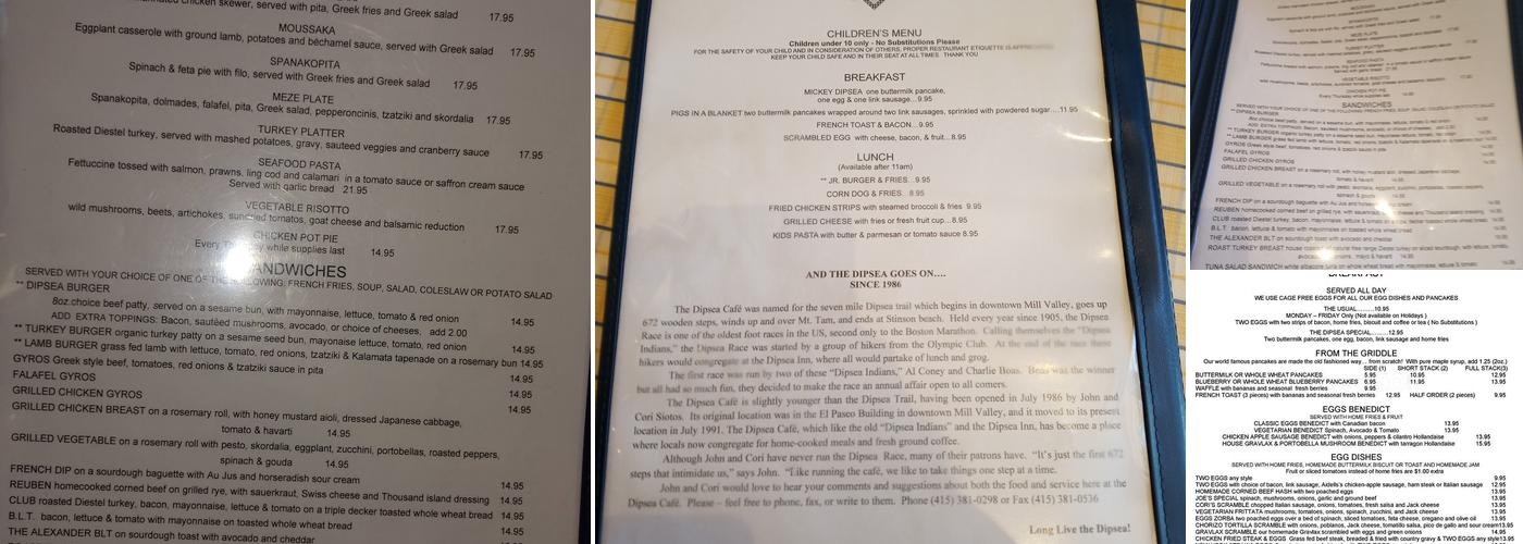 Dipsea Cafe Menu