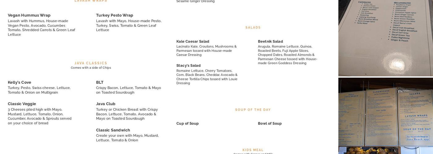 Java Beach Cafe Menu