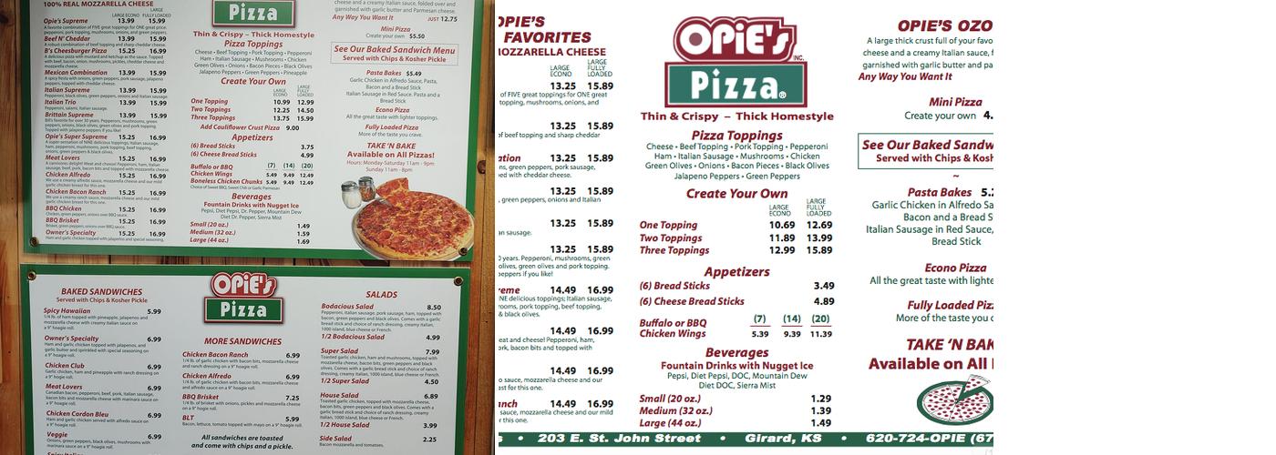 Opie's Pizza Menu
