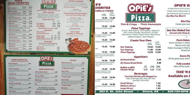Opie's Pizza Menu
