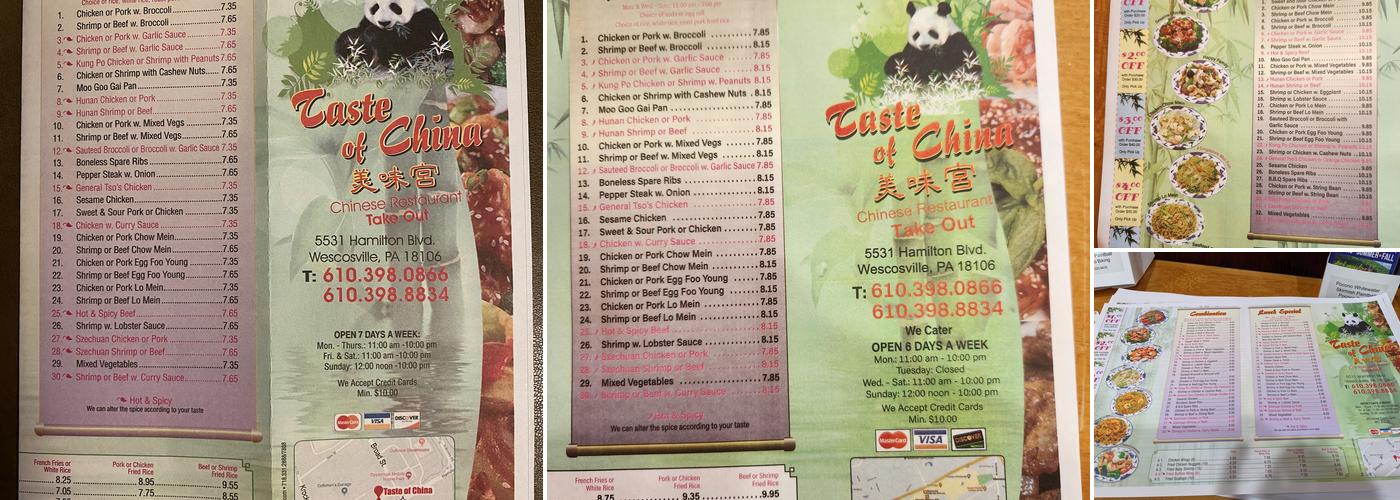 Taste of China Menu
