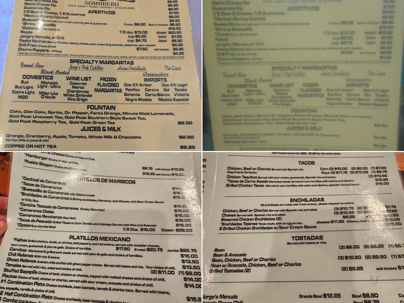 Jorge's Sombrero Menu