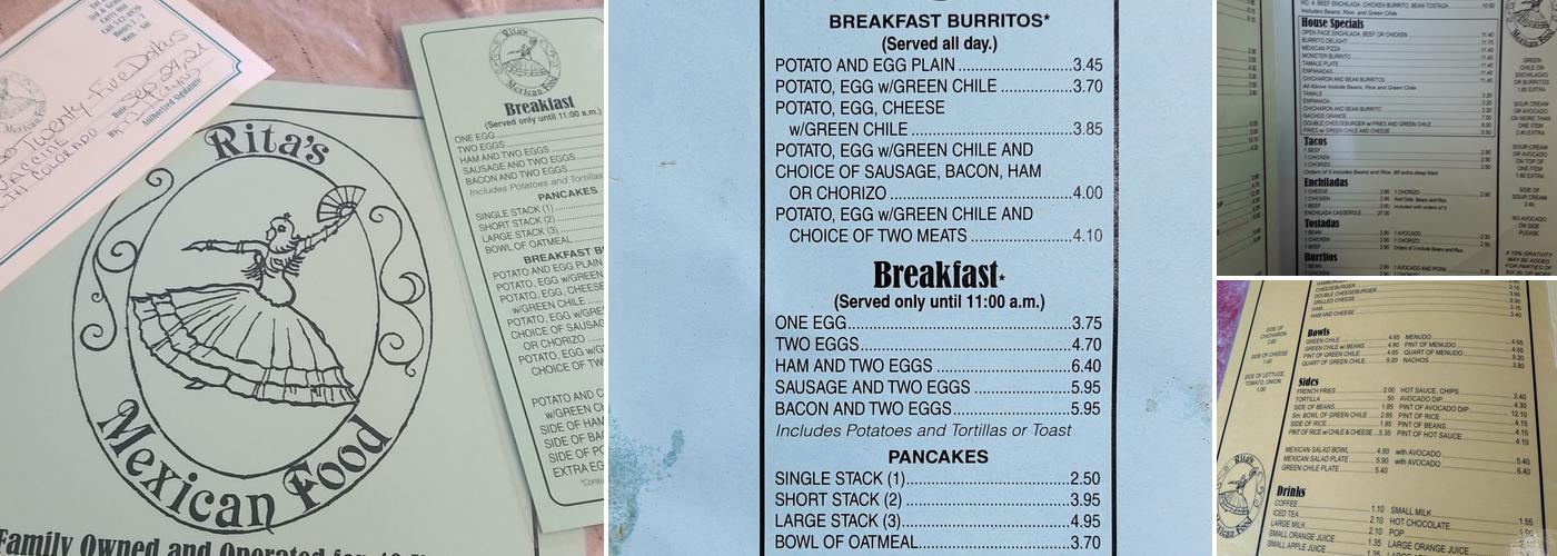 Rita's Mexican Food Menu