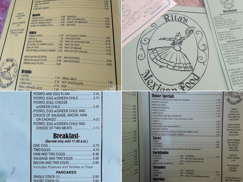 Rita's Mexican Food Menu