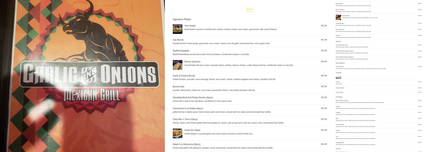 Garlic & Onions Mexican Grill Menu