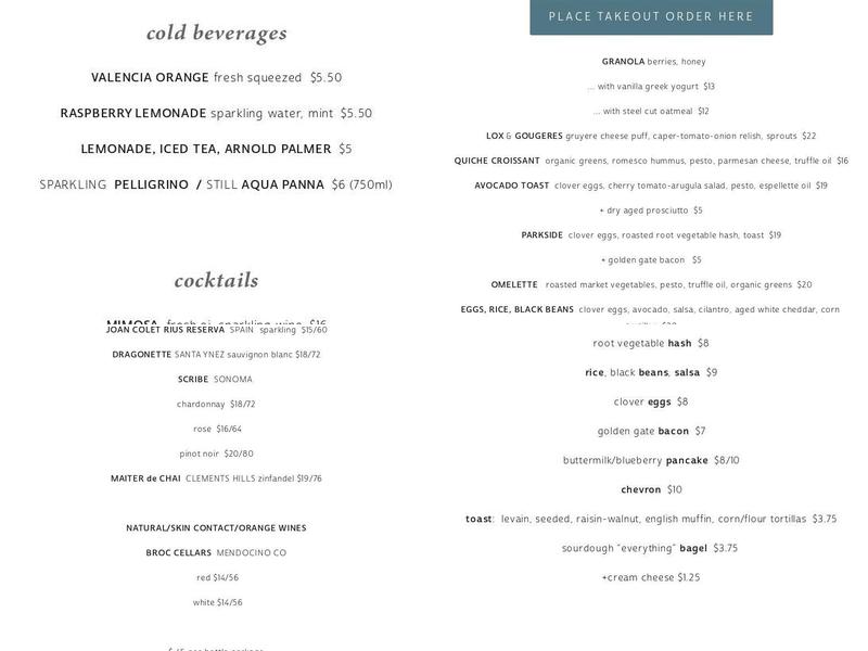 Parkside Cafe Menu