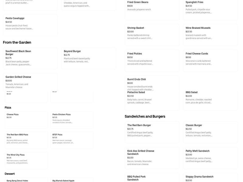 Red Barn Bar & Grill Menu