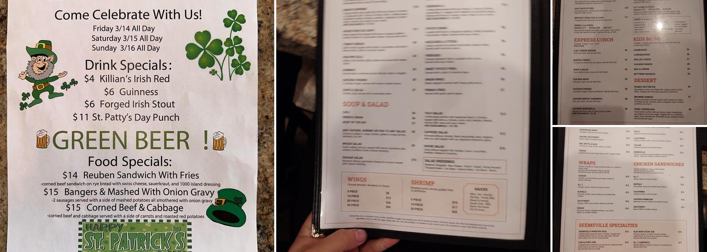 Seemsville Pub & Grille Menu