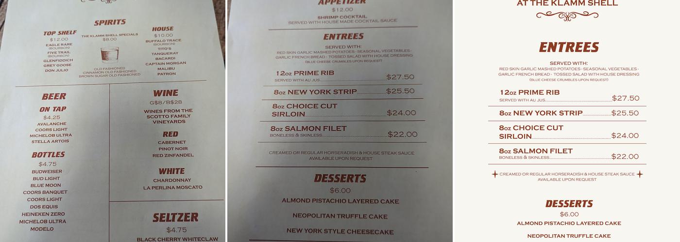 Steakhouse at the Klamm Shell Menu
