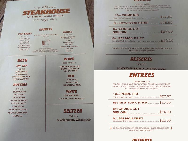 Steakhouse at the Klamm Shell Menu