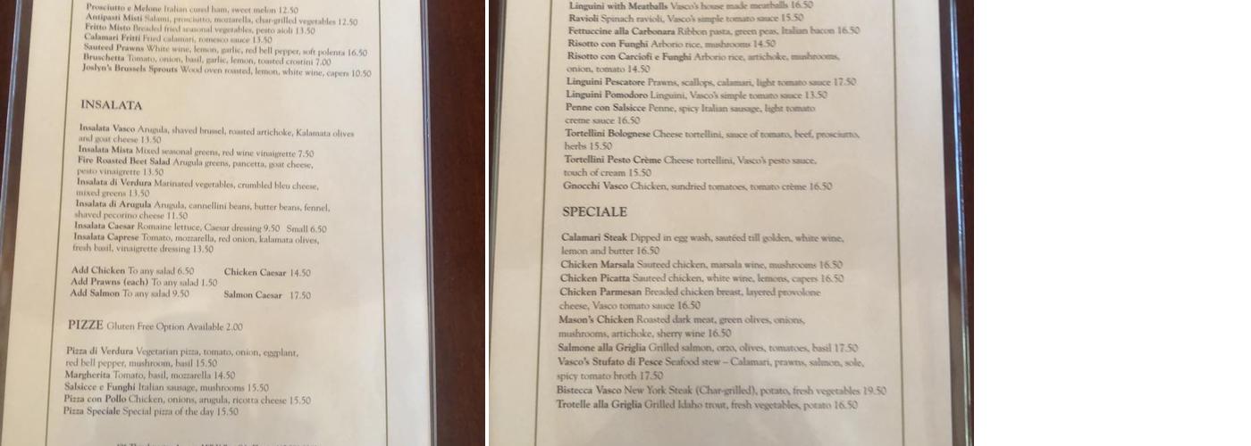 Vasco Restaurant Menu