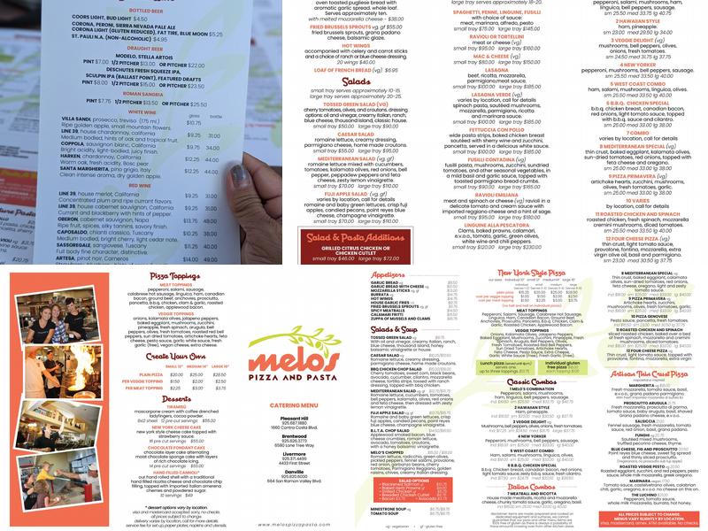 Melo's Pizza & Pasta Menu