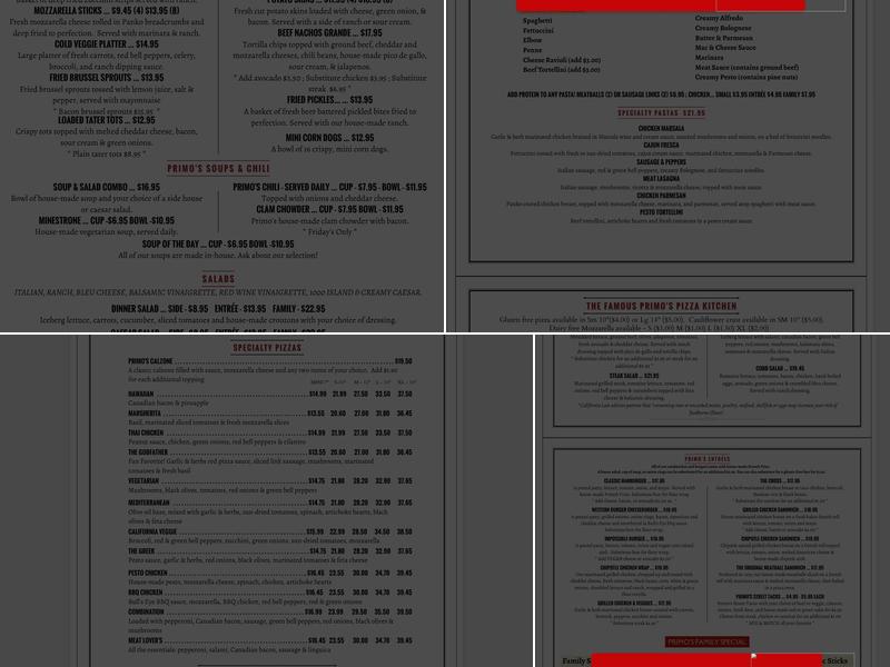 Primo's Pizzeria & Pub Menu