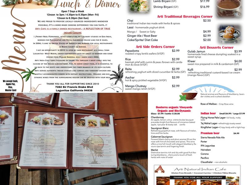 Arti Natural Indian cafe Menu