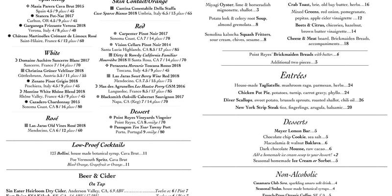 123 BOLINAS Menu