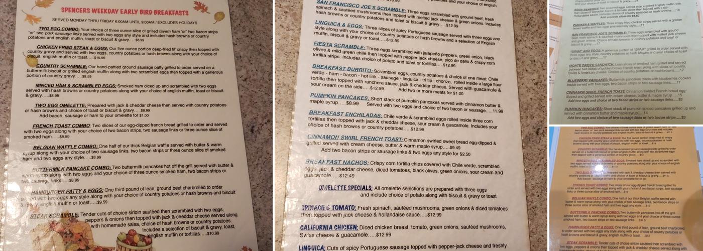 Spencer's Restaurant Menu