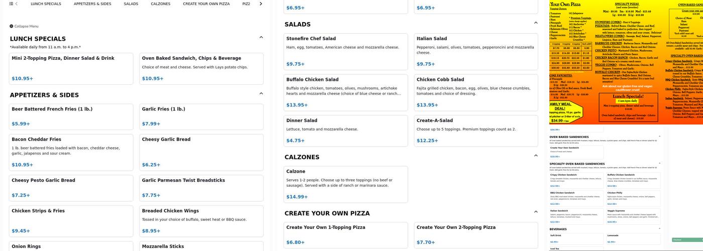 Stonefire Pizza Menu