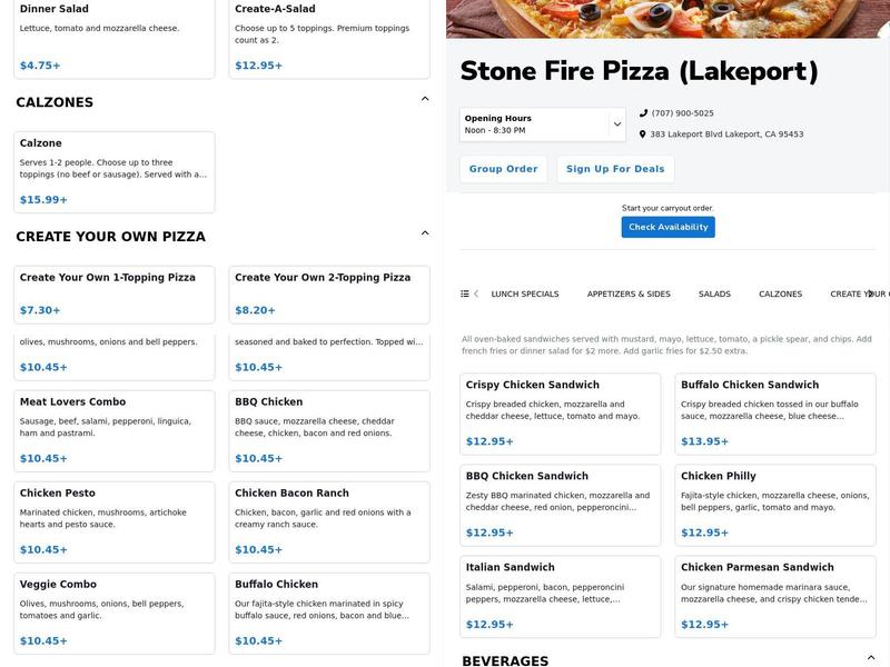 Stonefire Pizza Menu