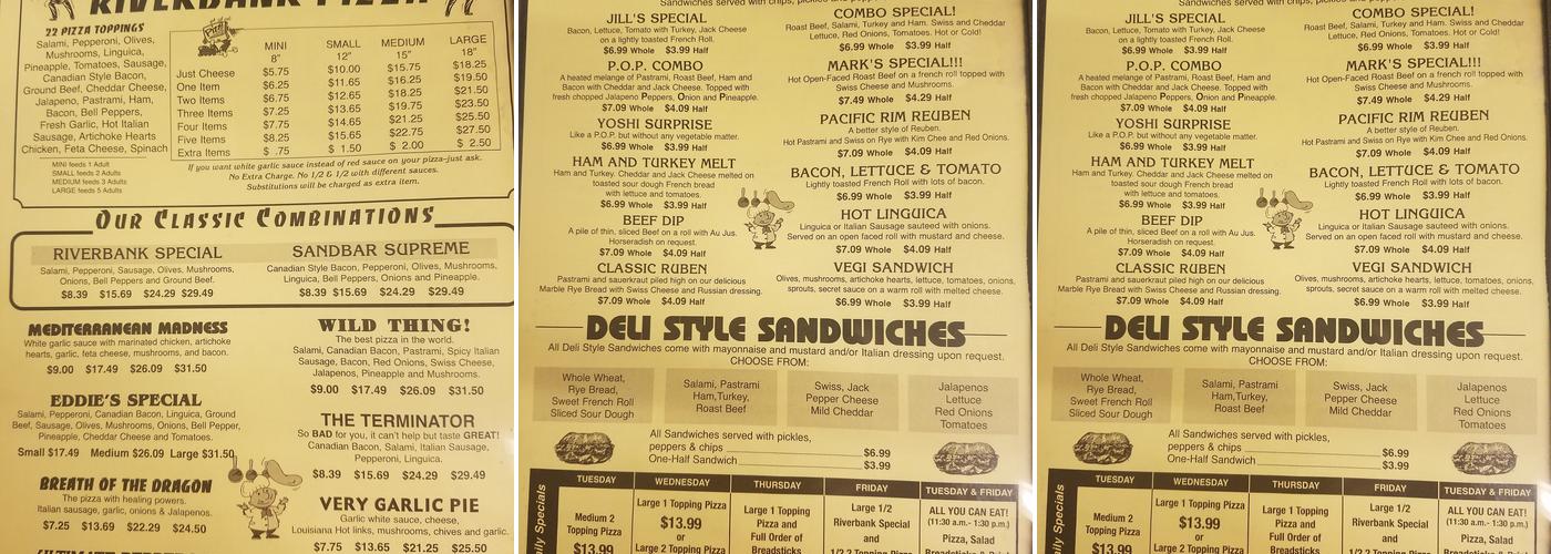 Riverbank Pizza Menu