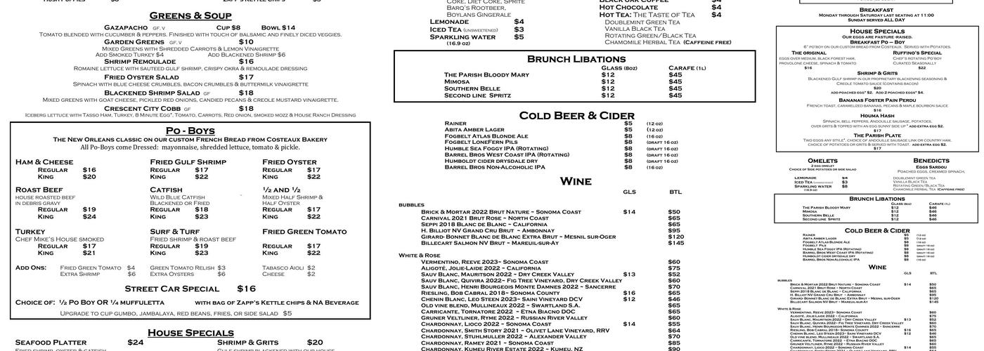 The Parish Café Menu