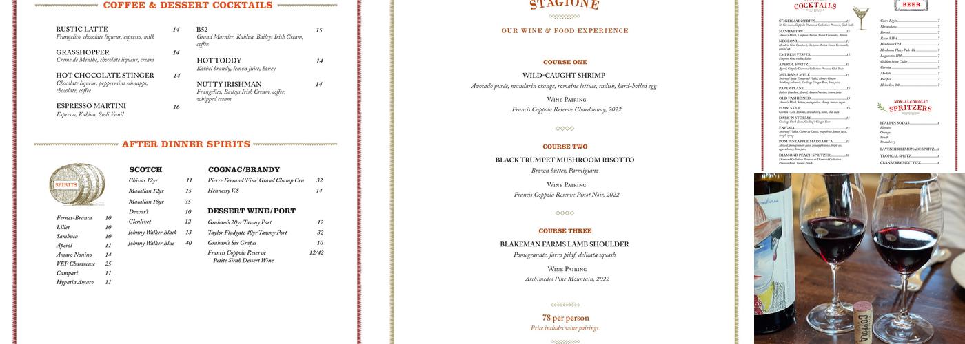 Rustic at Francis Ford Coppola Winery Menu
