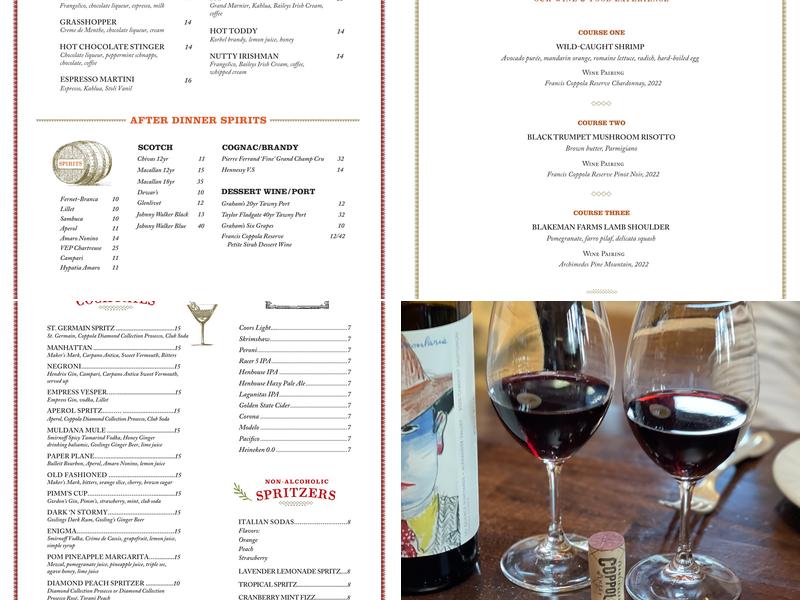 Rustic at Francis Ford Coppola Winery Menu