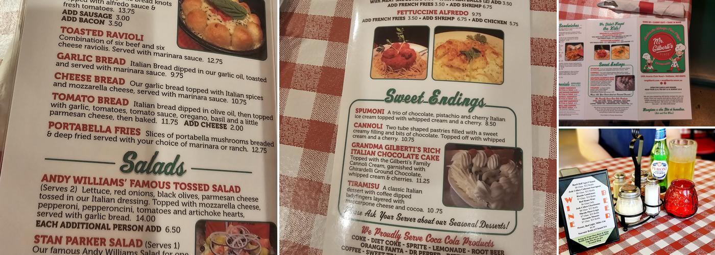 Mr Gilberti's Place Chicago Pizza Menu