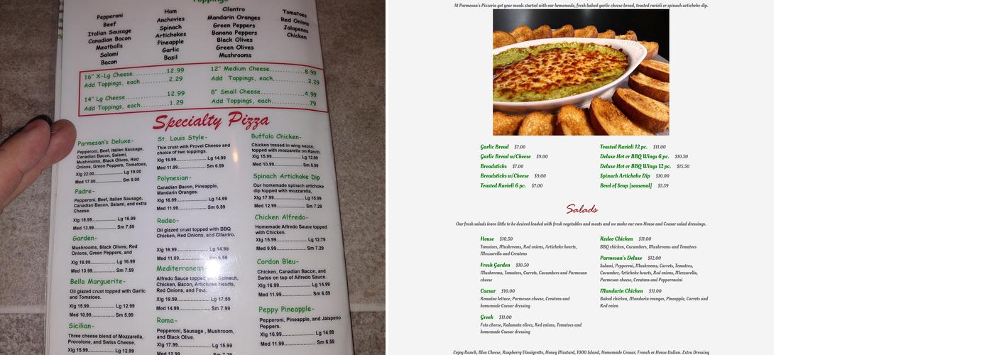 Parmesans Pizzeria Menu