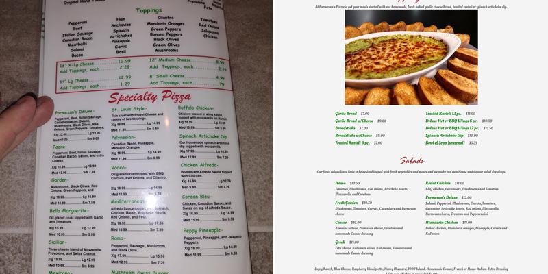 Parmesans Pizzeria Menu