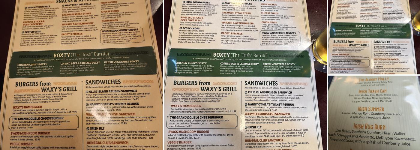 Waxy O'Shea's Irish Pub Menu