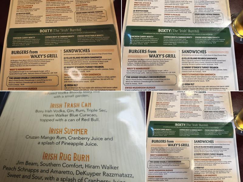Waxy O'Shea's Irish Pub Menu