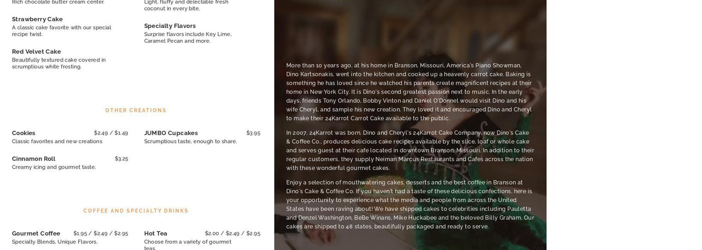 Dino's 24 Karrot Cakes Menu