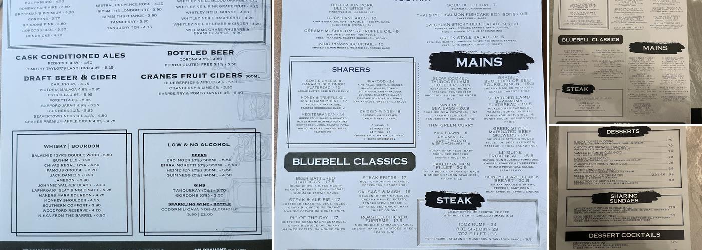 The Bluebell Inn Menu