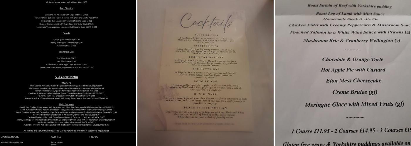 The Bluebell Inn Menu