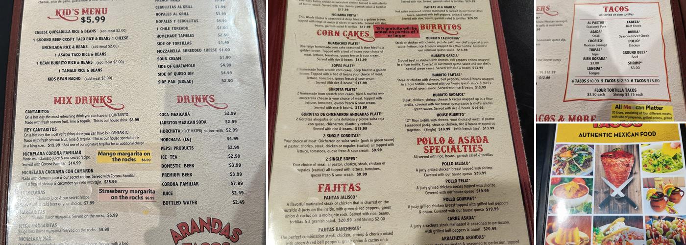 Arandas Tacos Menu