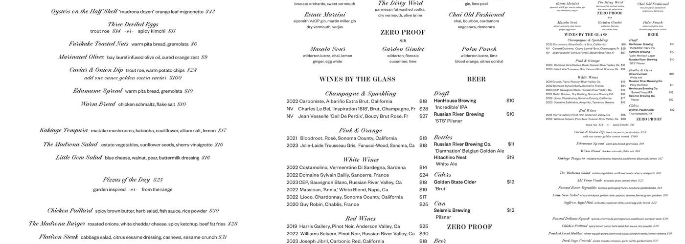 Madrona Manor Menu