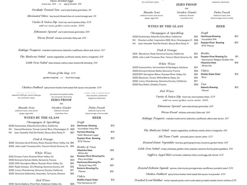 Madrona Manor Menu